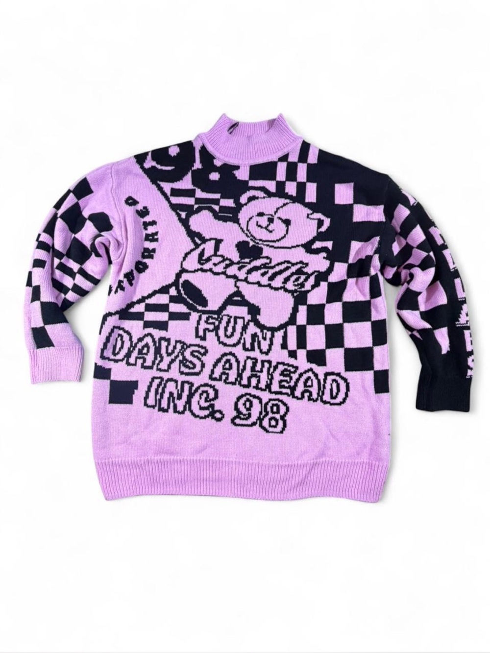 Y2K Purple Checkerboard Teddy Bear Sweater Pastel Goth Kidcore XS 💜🖤